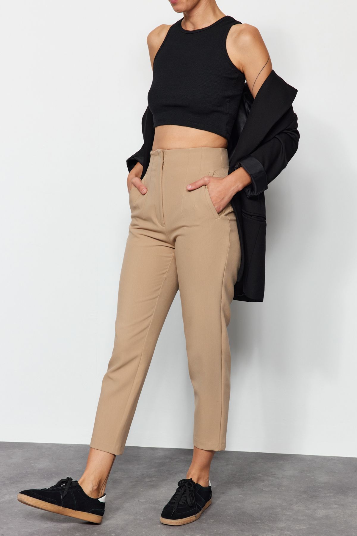 Buy Trendyol Womens Polyester Straight Fit High Rise Casual Trouser (Stone,  36) at Amazon.in