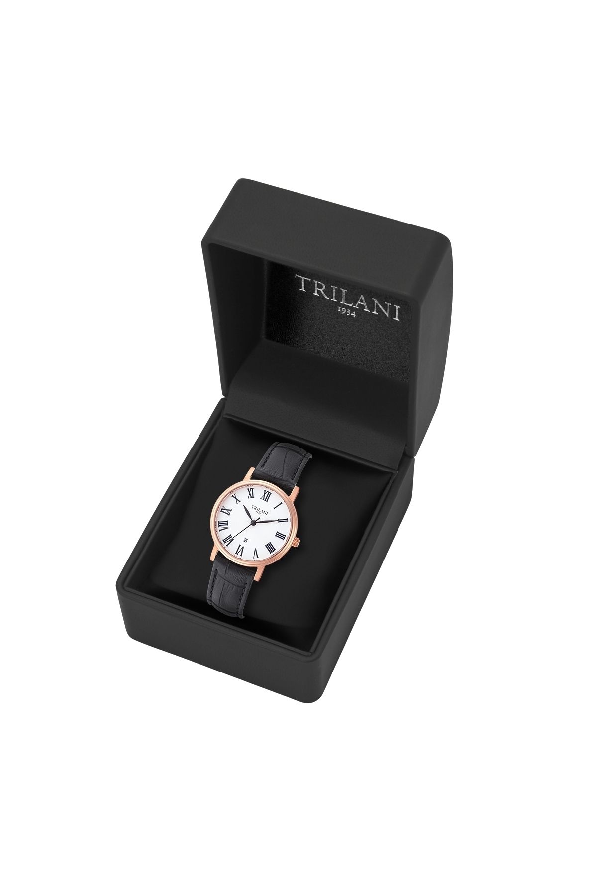 Trilani-Quarzuhr Damen Quarzuhr roségold Echtleder schwarz 8