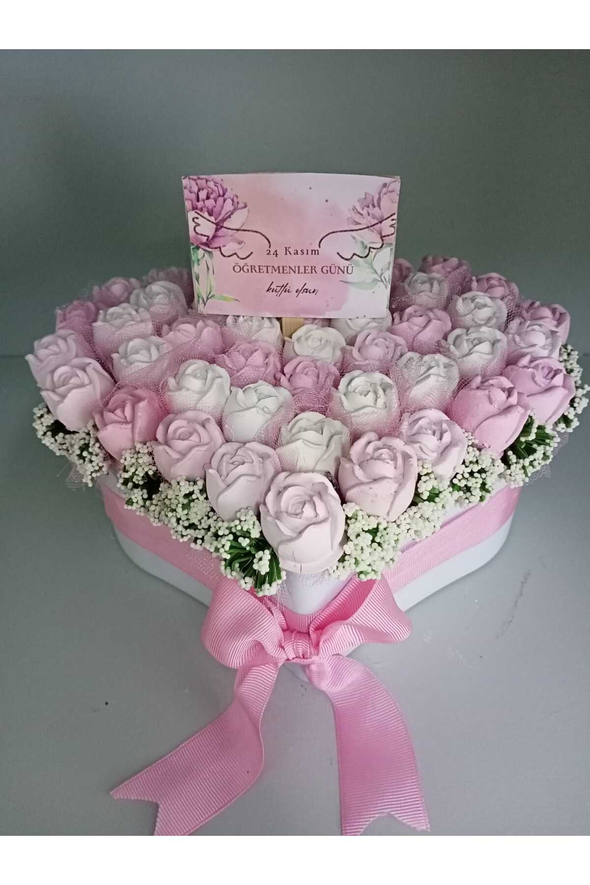 StoneGiftDesign ÖĞRETMENLER GÜNÜ ÖZEL TASARIM KALP SAKSIDA PEMBE GÜLLER KOKULU TAŞ ÇİÇEK ARANJMANI fotoğrafı 2 (önizleme)