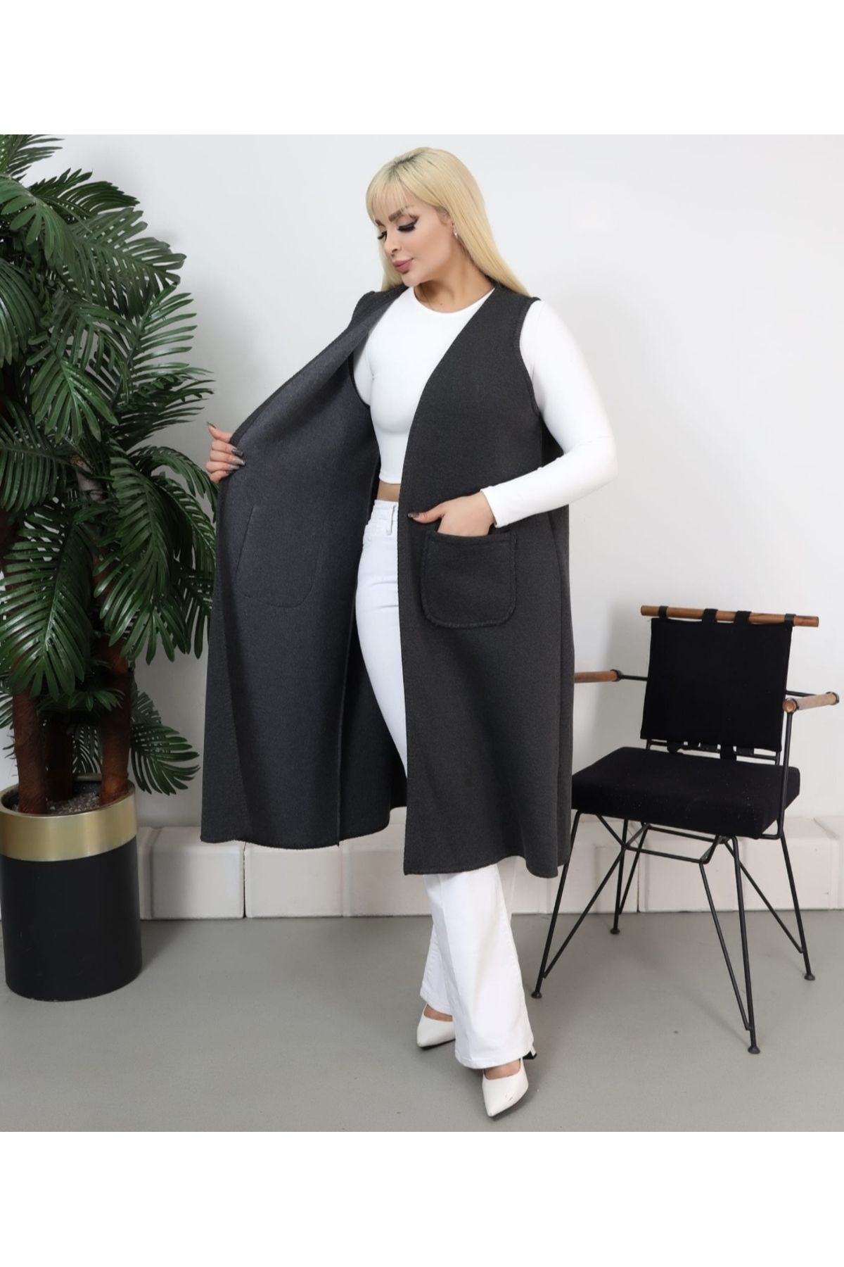 MODASTRO-Large Size Anthracite Lycra Three Thread Fleece Inside Vest 3