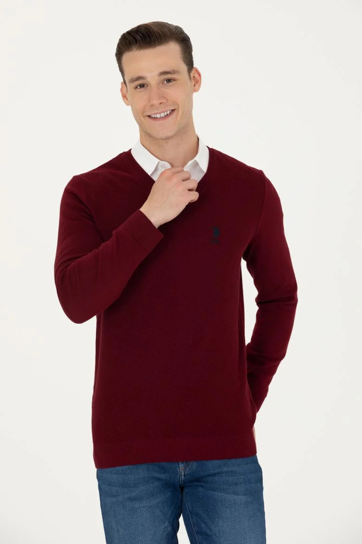بافت و پلیور مردانه بورگوندی یو اس پولوU.S. Polo Assn. | TEKSPOR1629661 اورجینال - تصویر 2