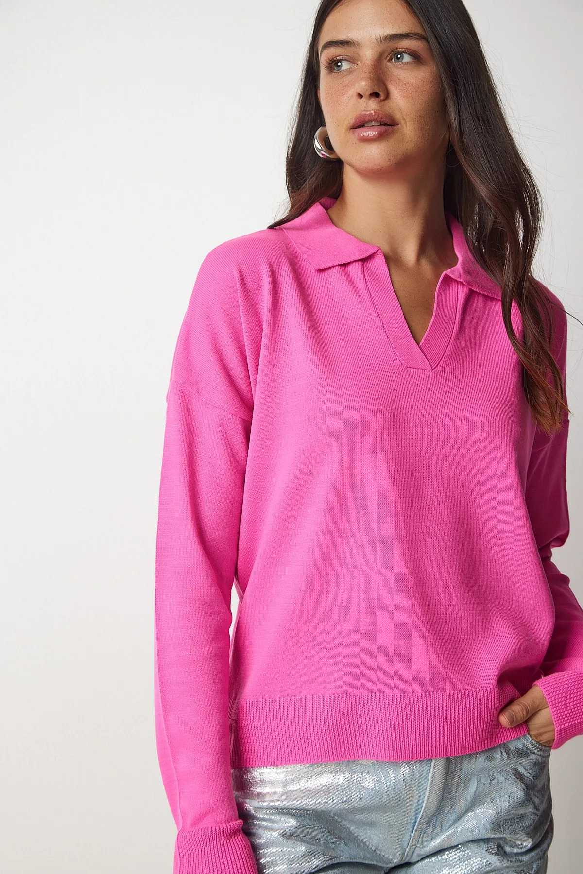 BEŞİR GİYİM  Kadın Pembe Polo Yaka Basıc Kazak - Görsel 2