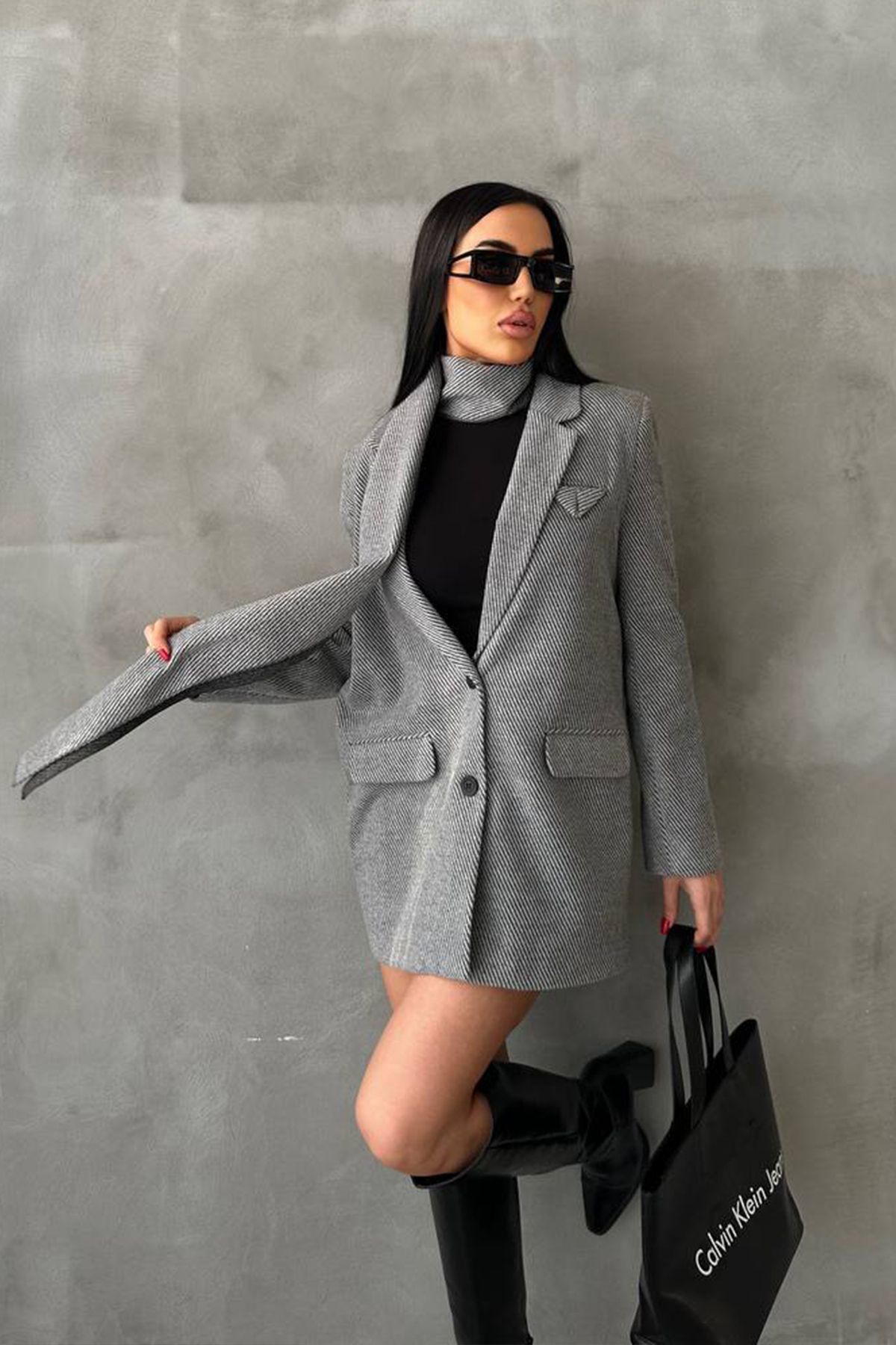 Ortaya k Gray Design Stamped Fabric Scarf Blazer Jacket Trendyol