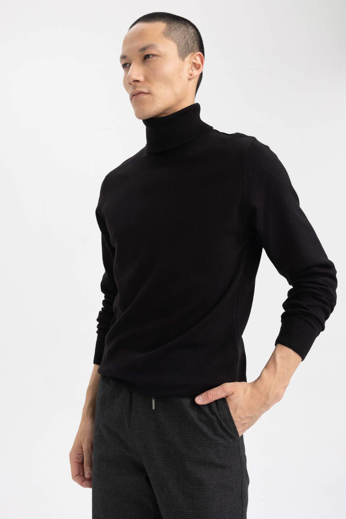 بافت و پلیور مردانه مشکی دفکتو | 24K801001073 اورجینال - تصویر 3