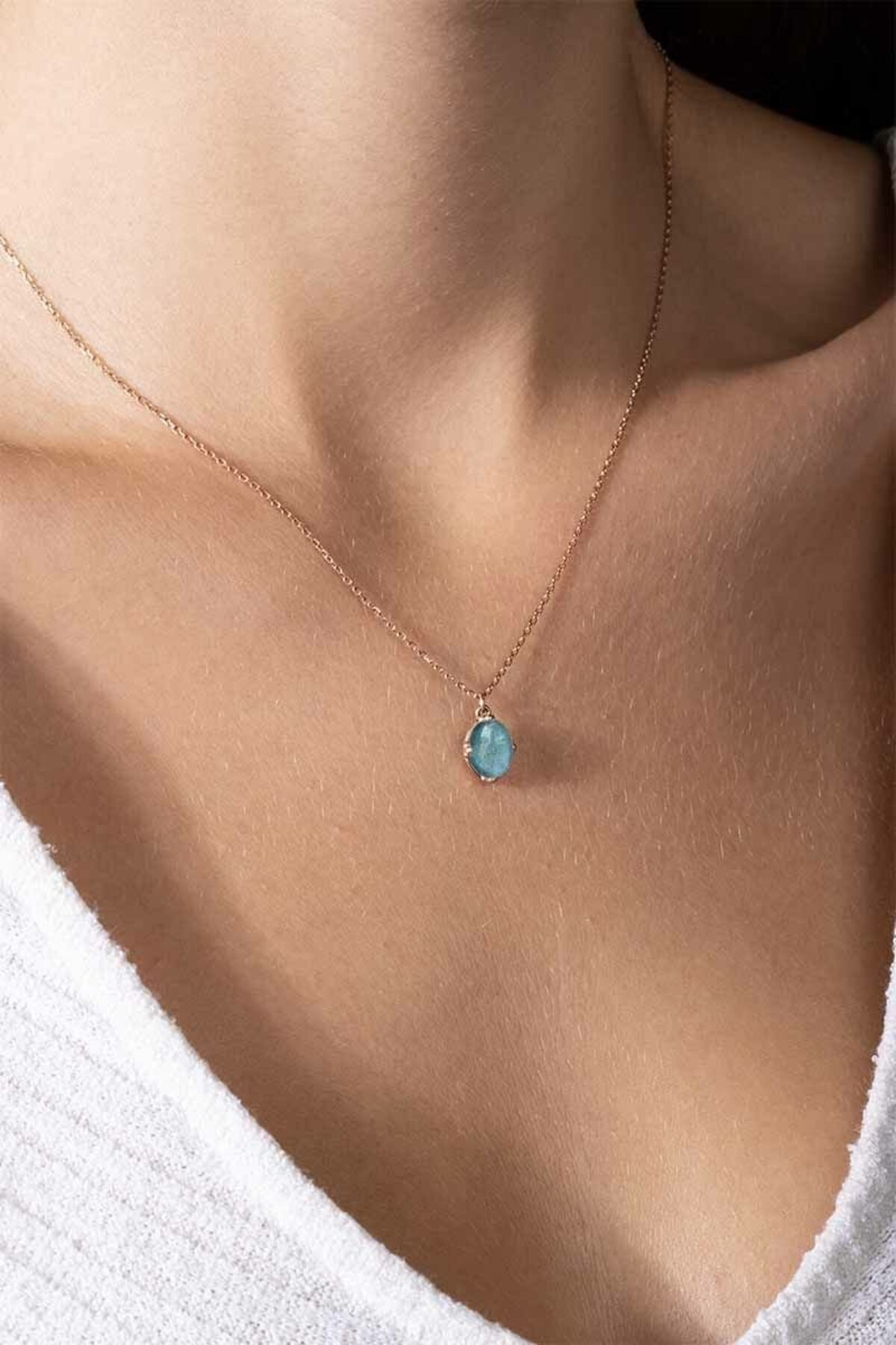 Akuamarin Taşlı Minimal Gümüş Kadın Kolye-Rose Rengi 2