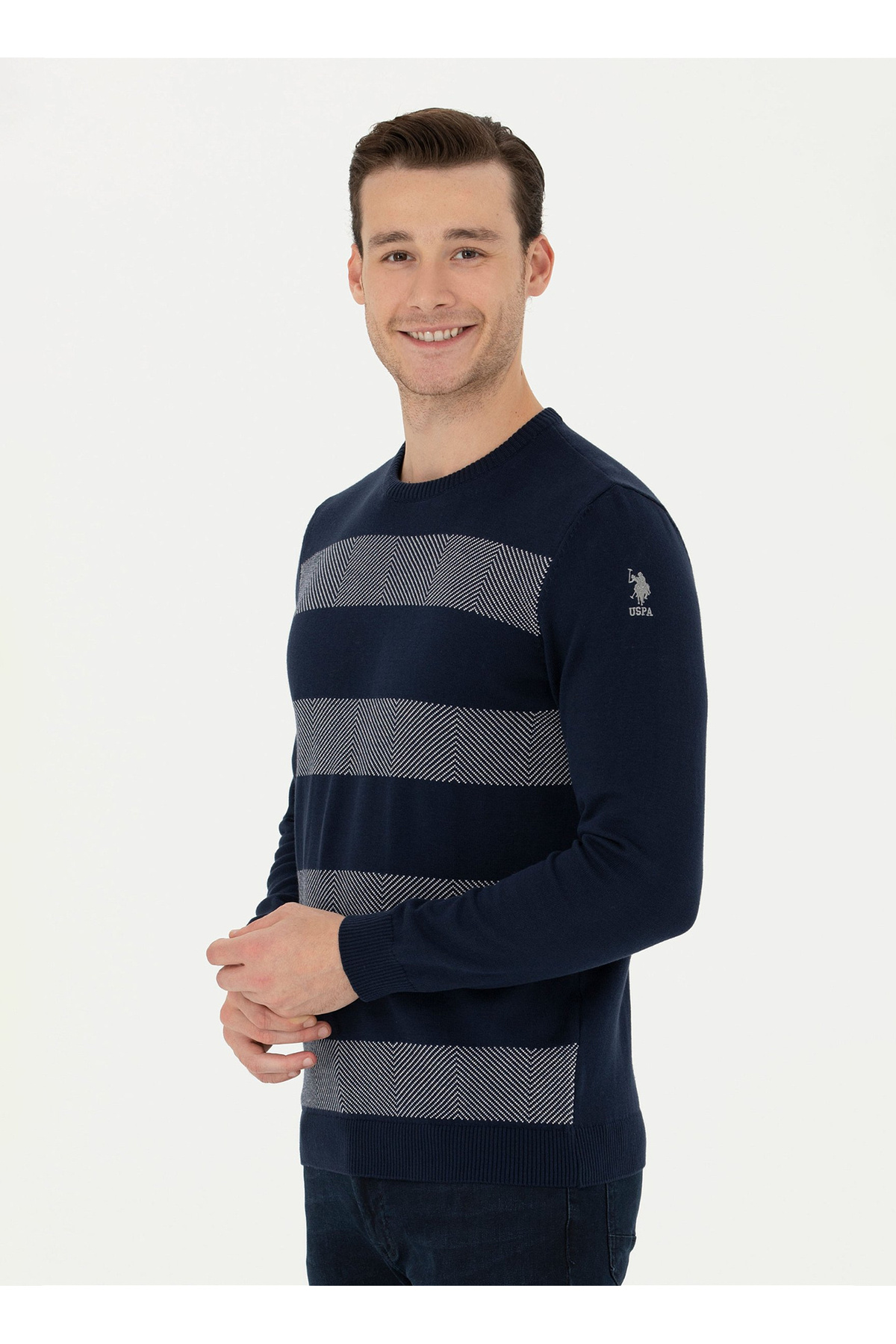 یو اس پولو پلیور مردانه یقه گرد اسلیم فیت سرمه‌ای U.S. Polo Assn. NATUR