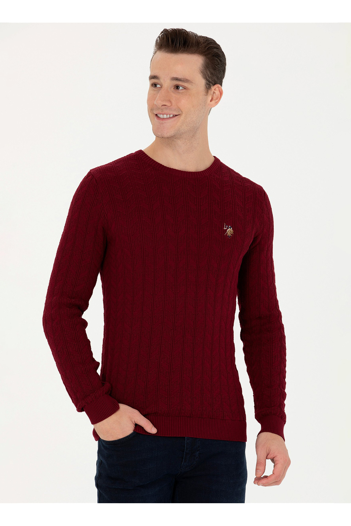 یو اس پولو پلیور مردانه یقه گرد اسلیم فیت یقه گرد زرشکی U.S. Polo Assn. OLDER-SK23