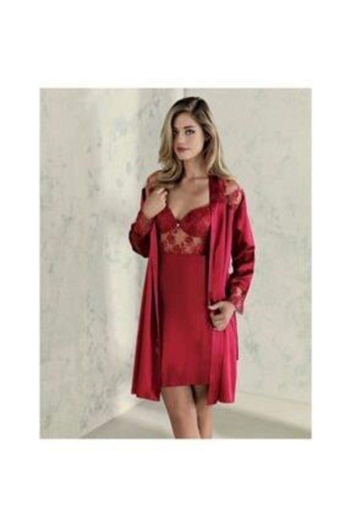 Espuar Ikili Saten Sırt Dekolteli Tüllü Gecelik Sabahlık Takım