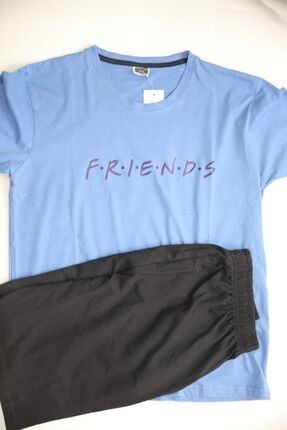 Unisex Friends Dizisi Temalı Mavi Şort Tişört Pijama Takımı