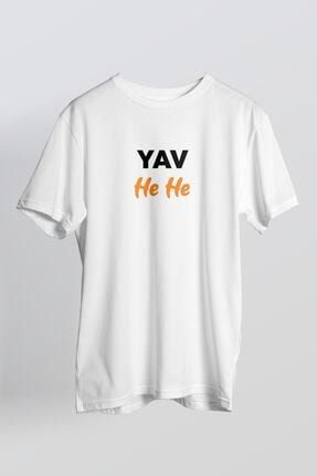 Unisex Beyaz Yav He He Baskılı T-shirt YAVHEHE