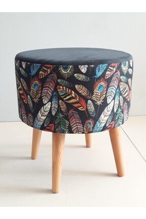 Gürgen Retro Ahşap Ayaklı Dekoratif Kuştüyü Desenli Silindir Puf Bench Koltuk Sandalye Kuştüyü Desen Puf Bençh Sandalye