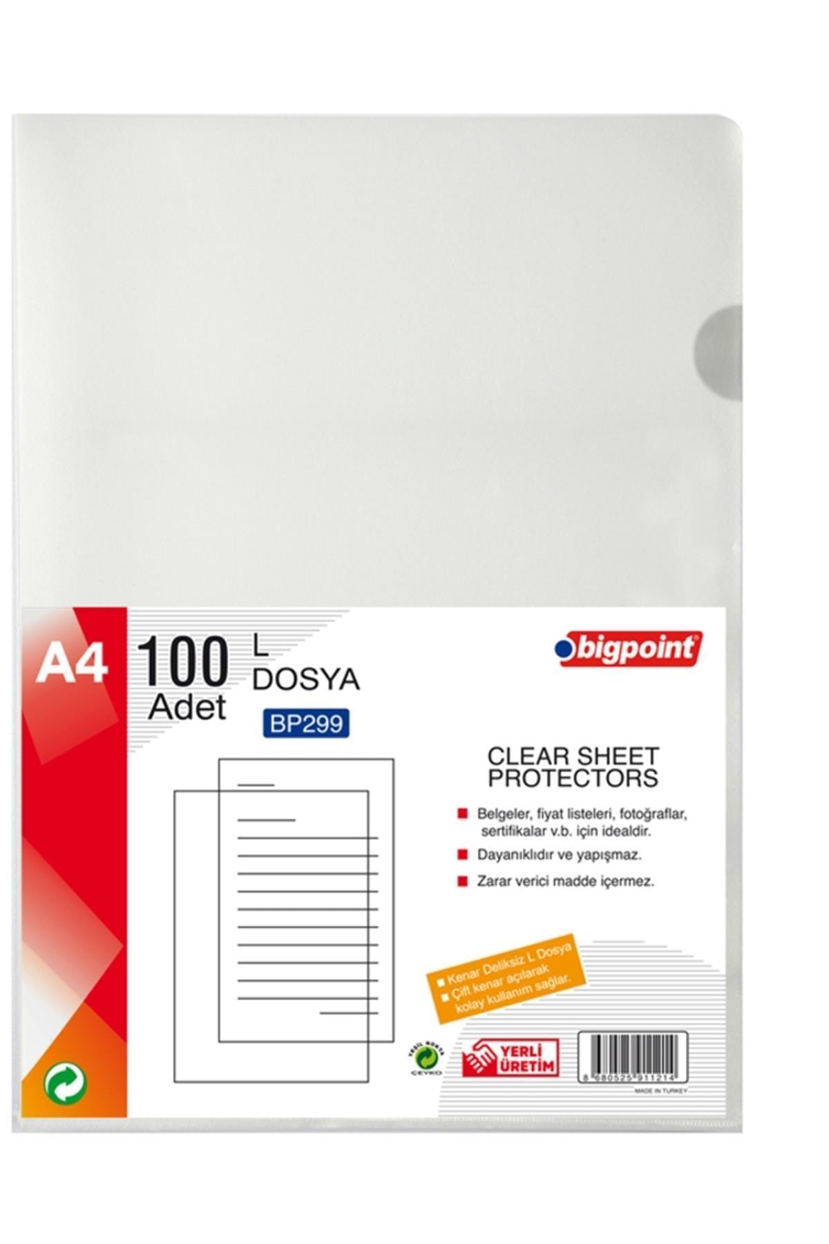 Bigpoint L Dosya Standart 90 Mikron, 100'lü Paket, A4, Kolay Arşivleme