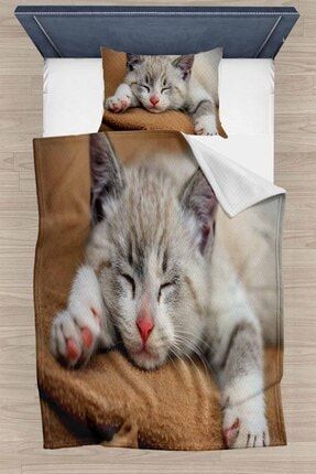 Sevimli Uyuyan Kedi Desenli Yatak Örtüsü Tek Kişilik Pike Takımı elsetekpiken44