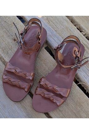 Kadın Kahverengi Hakiki Deri Bodrum Sandaleti örgü-sandalet