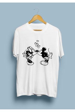 Unisex Beyaz Mickey Mouse Miki Fare Tasarım Baskılı Tişört KRG0564