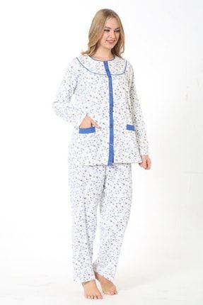 Kadın Beyaz Düğmeli Büyük Beden Pijama Takımı ATNC858