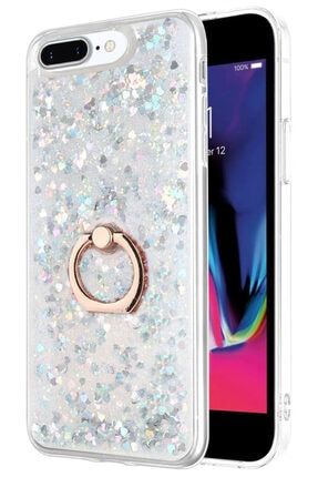 Apple Iphone 8 Plus Kılıf Yüzüklü Standlı Korumalı Şeffaf Simli Pullu Gümüş mornw_54264