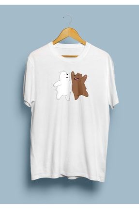 Unisex Beyaz Kafadar Ayılar Tasarım Baskılı Kısa Kol T-Shirt KRG0549