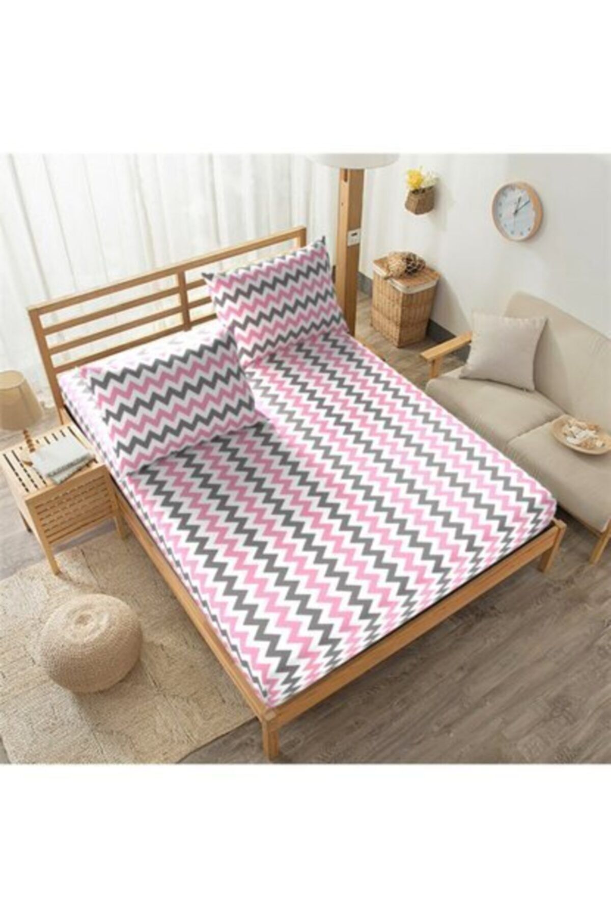 mer-tim ezberbozan ev tekstili-Mer-tim Cotton Ranforce Double Jumbo Size 200x200 Elastic Sheet Set - Pink Zigzag Pattern 1