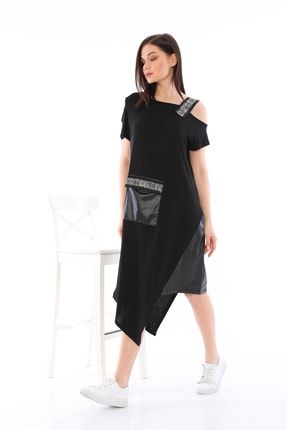 Kadın Tek Askılı Eteği Suni Deri Detaylı Elbise md40cf20