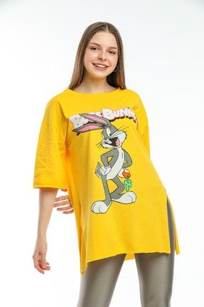 Kadın Sarı Baskılı Oversize T-shirt 1027