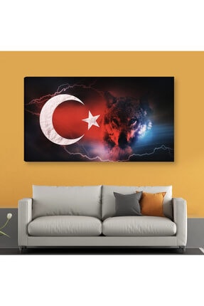 Türk Bayrağı Ve Kurt Kanvas Tablo Dekoratif Canvas Tablo LINE-141