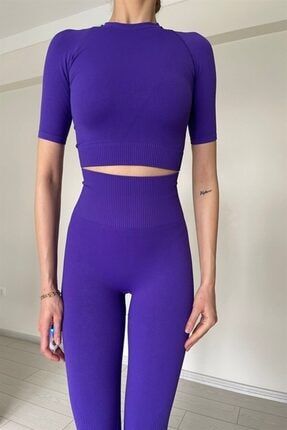 Kadın Mor Kısa Kollu Toparlayıcı Push Up Uzun Tayt Takım MOR568562