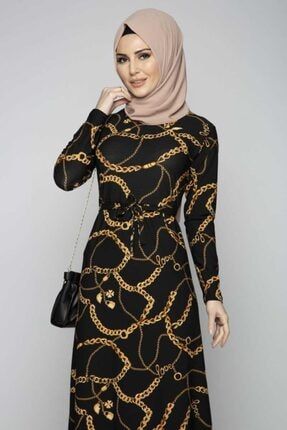 Kadın Siyah Zincir Desenli Kuşaklı Tesettür Elbise Ham611-2 HHAM611-2