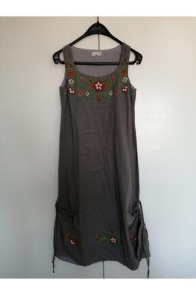 Otantik Şile Bezi Gri Renkli Iplik Çiçek Nakışlı Elbise 5571215