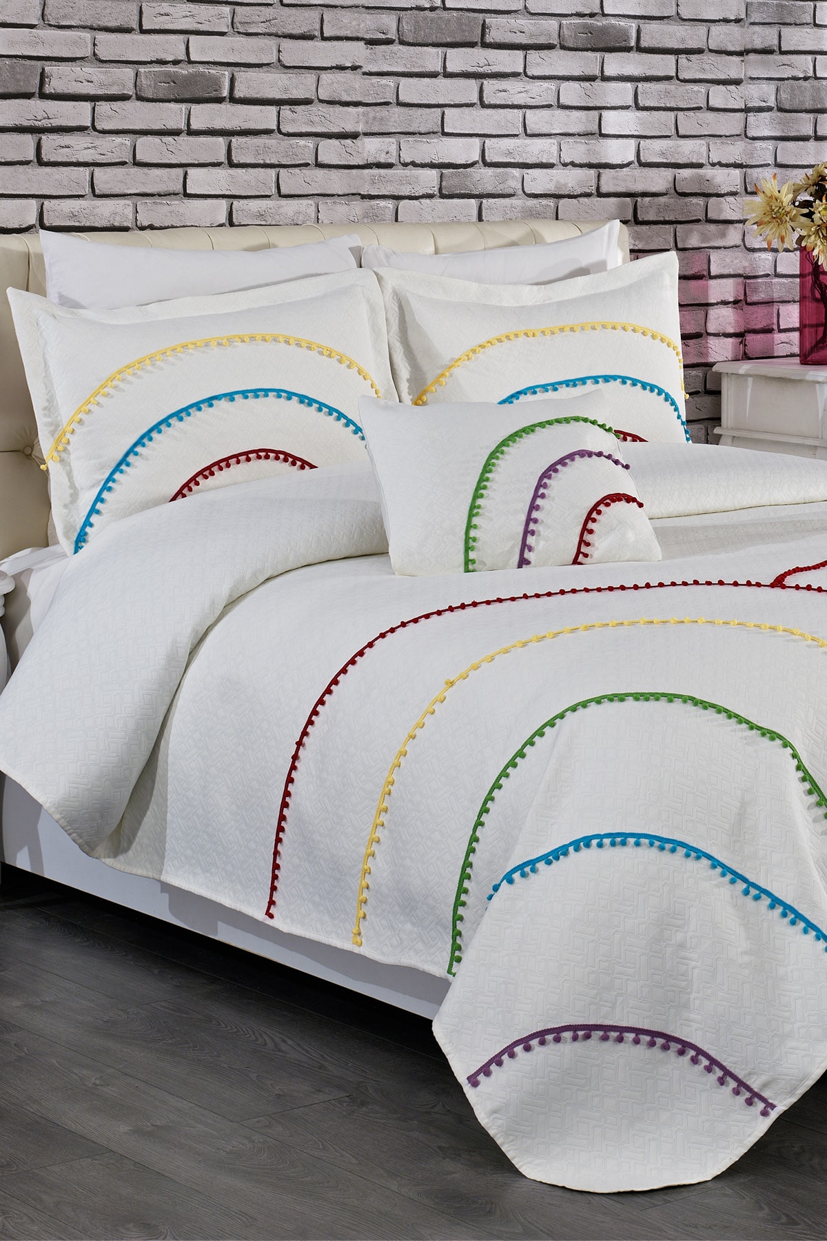 Evlen Home Rainbow Renkli Ponponlu Yatak Örtüsü Pike Takımı 4 Parça