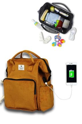 Smart Bag Usb'li Kadife Anne Bebek Bakım ve Sırt Çantası 1402 Hardal MV1693