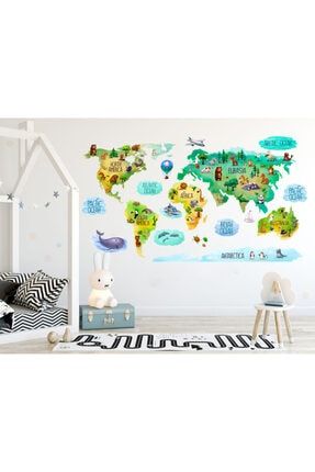 Dünya Hayvanları Haritası Suluboya Çocuk Odası Duvar Sticker Sticker 0171