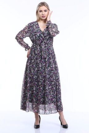 Kadın Mor Çiçek Desenli Uzun Şifon Elbise 224620