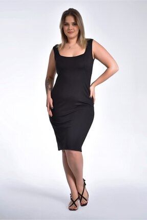 Kadın Siyah Büyük Beden Kare Yaka Askılı Yırtmaçlı Elbise M9703