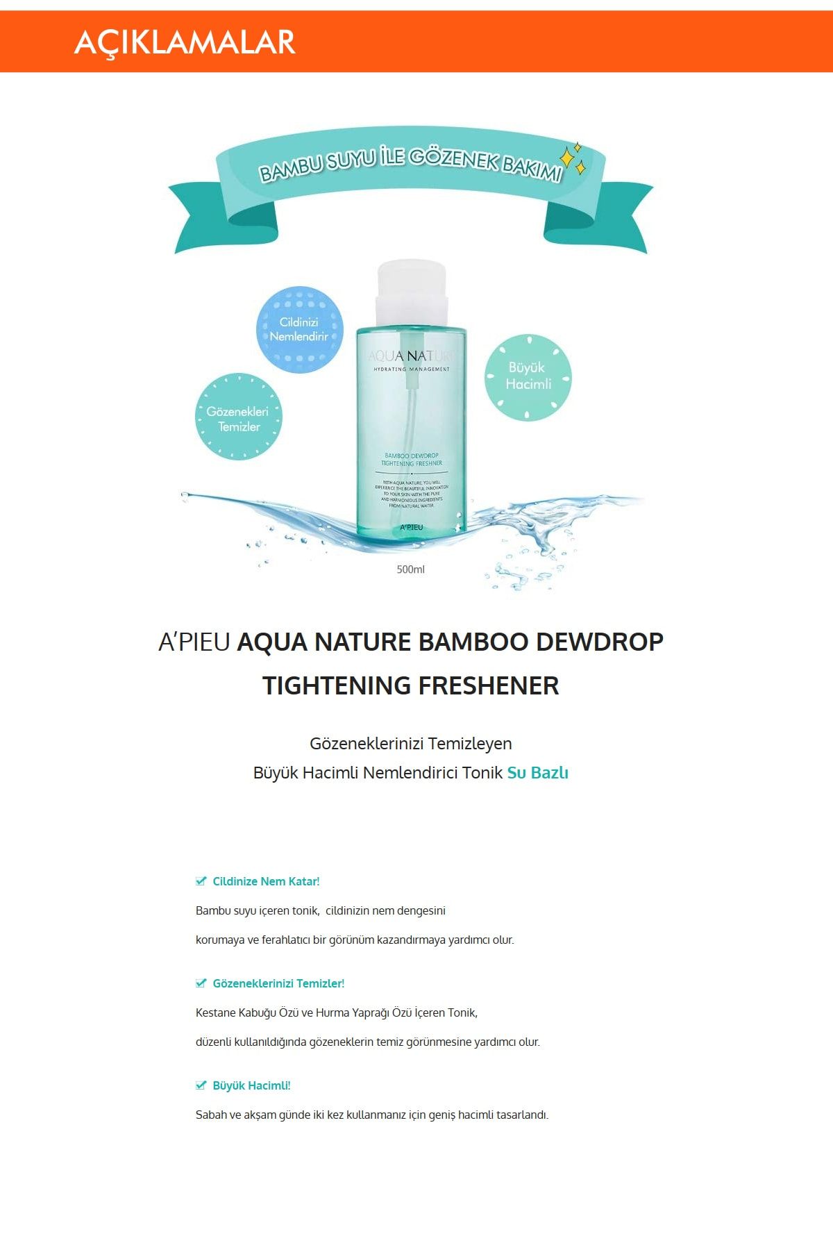 تونر زبان TONIK 500ML APIEU AQUA NATURE BAMBOO DEWDROP TRATINGER TITTENER Missha