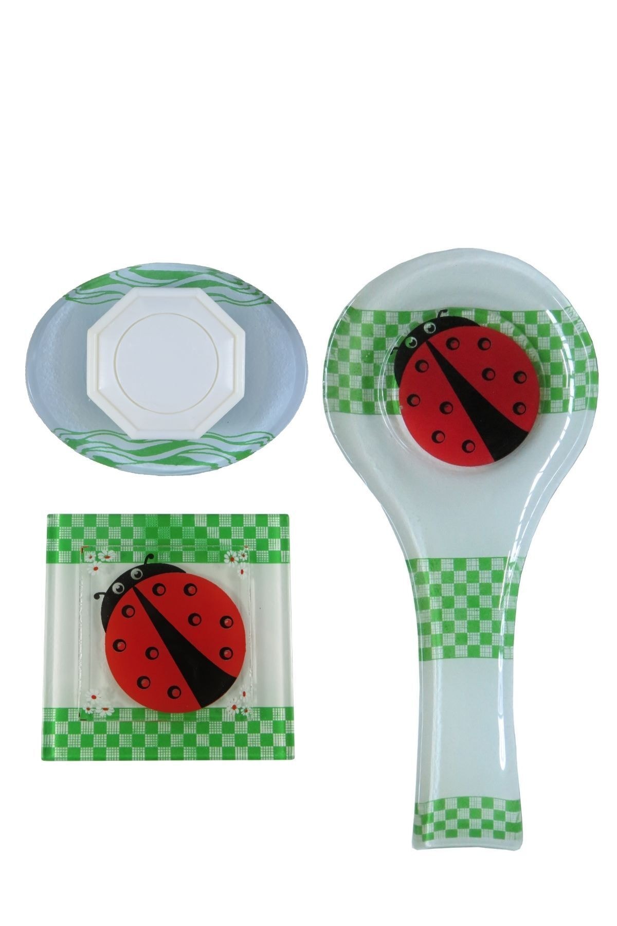 Cam Gider Kapağı Cam Kaşıklık Cam Sabunluk 3'lü Set 6