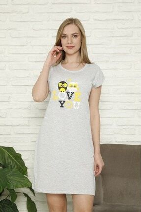 Kadın Gri Renkli Baykuş Desenli Gecelik Elbise MK177-13