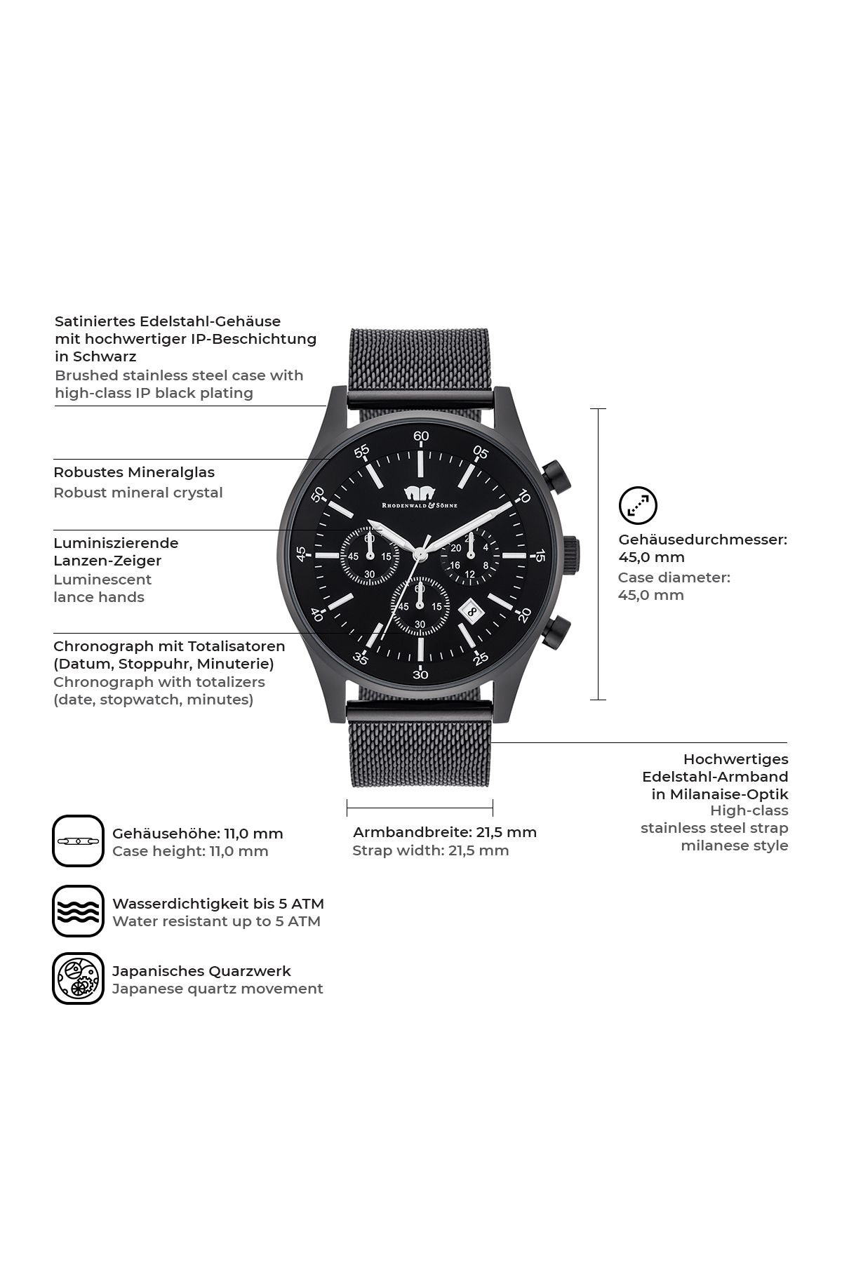 Rhodenwald & Söhne-Kronograf Herren Kronograf schwarz Edelstahl schwarz 2