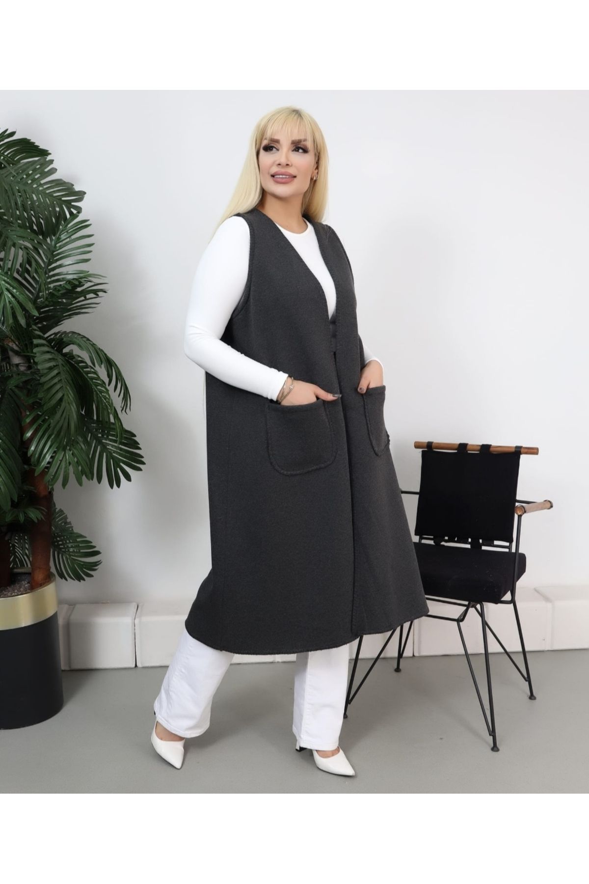MODASTRO-Large Size Anthracite Lycra Three Thread Fleece Inside Vest 1