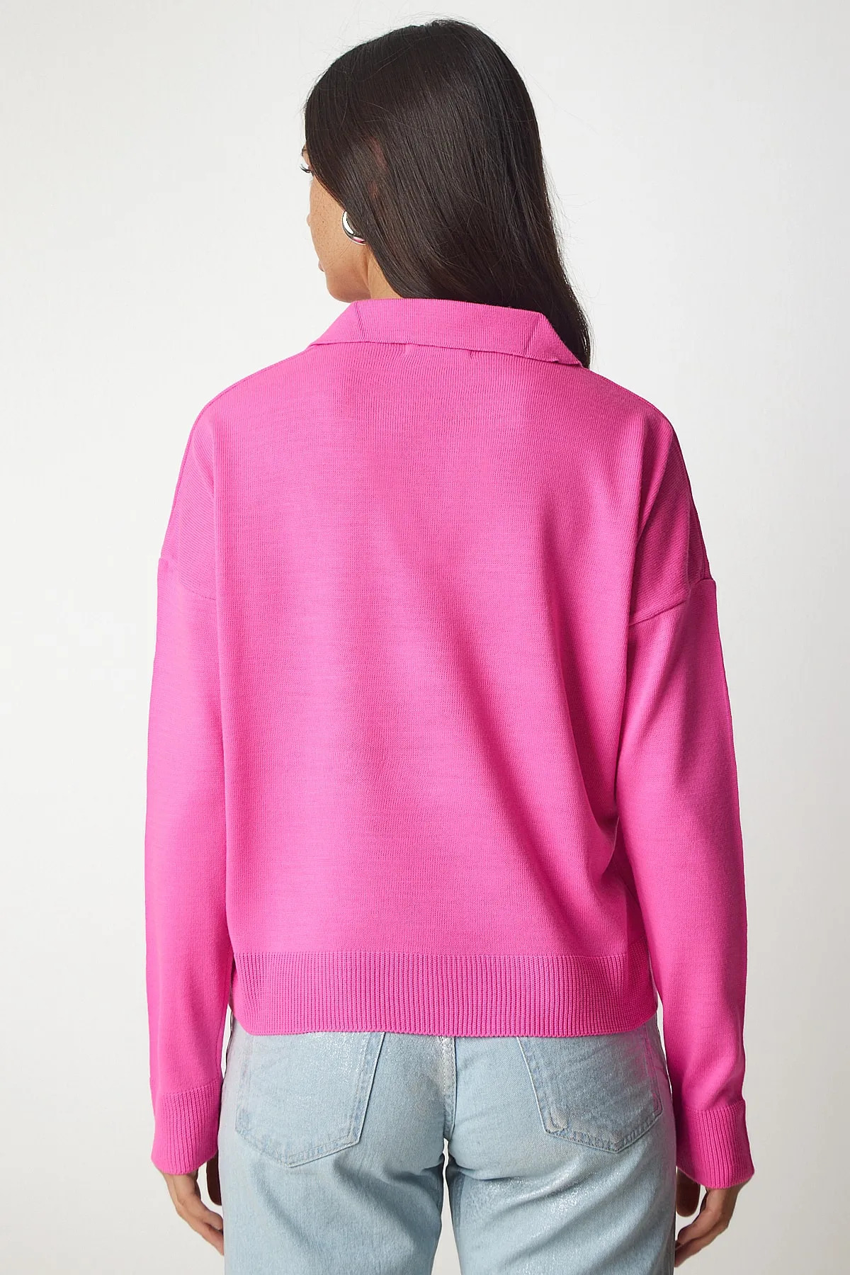 BEŞİR GİYİM  Kadın Pembe Polo Yaka Basıc Kazak - Görsel 5