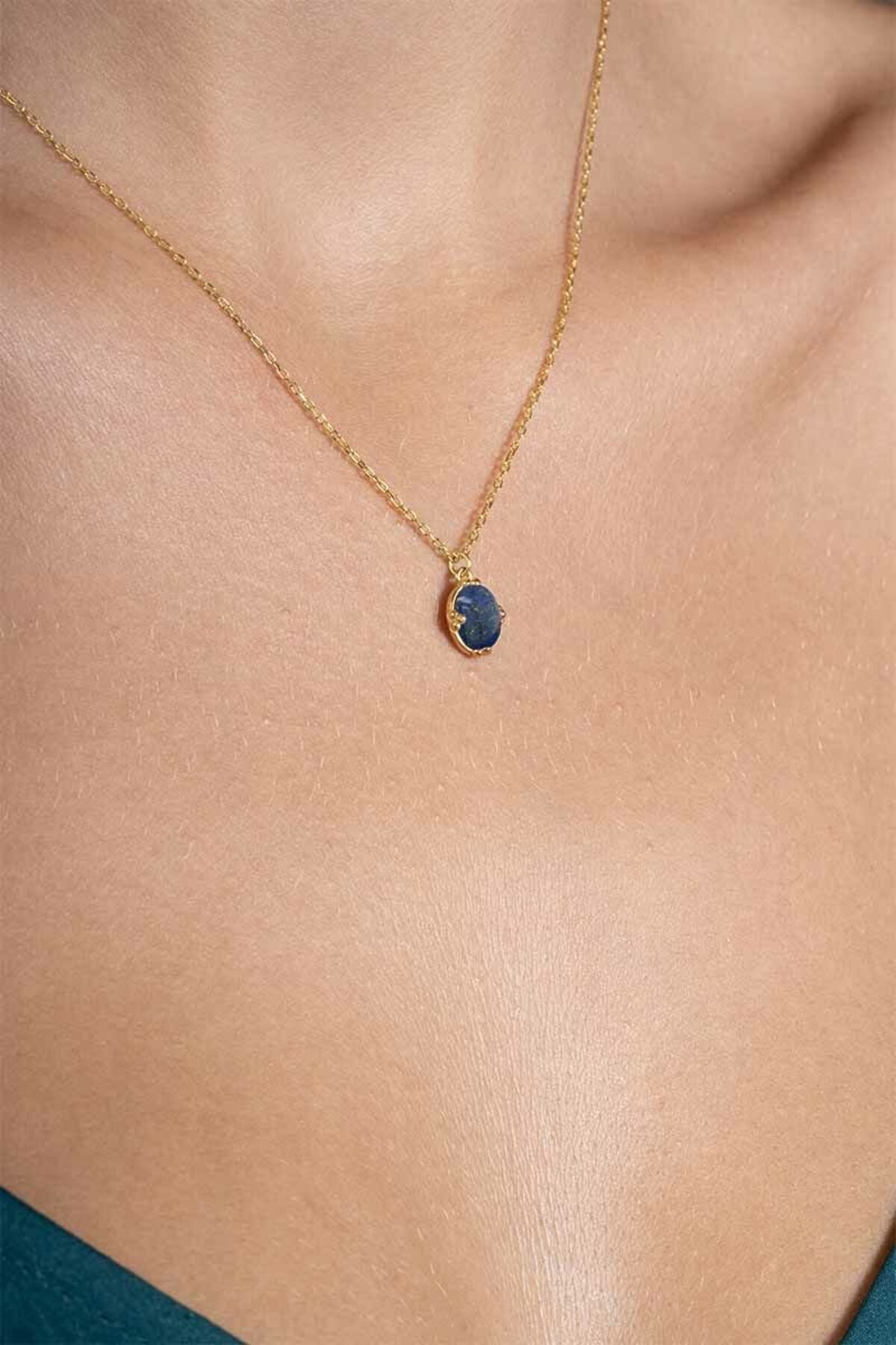 Lapis Lazuli Taşlı Minimal Gümüş Kadın Kolye-Altın Rengi 2