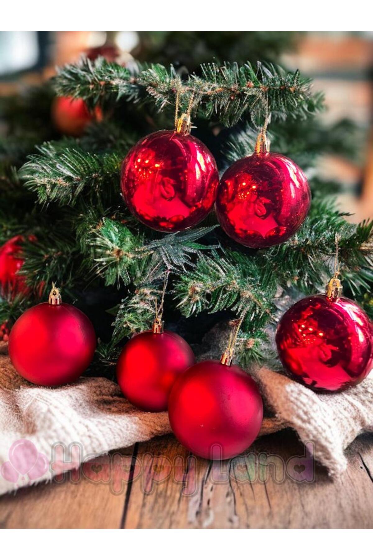 Happyland Yılbaşı Çam Ağacı Süsü Kırmızı Renk Asetat Kutulu Parlak Mat 6 Adet 8 Cm Yılbaşı Topu