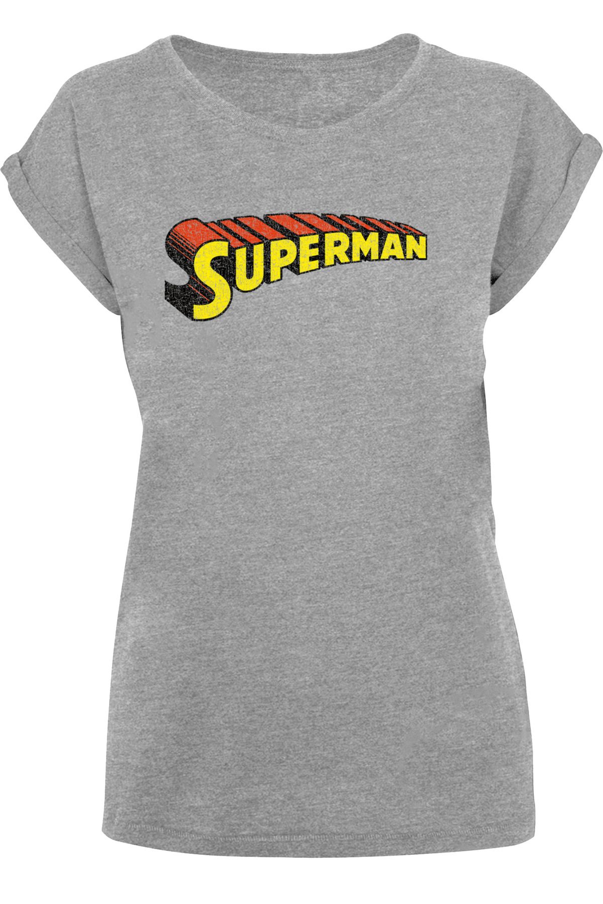 F4NT4STIC Damen DC Comics Superman Telescopic Crackle Logo WHT mit Ladies Extended Shoulder T Shirt Trendyol