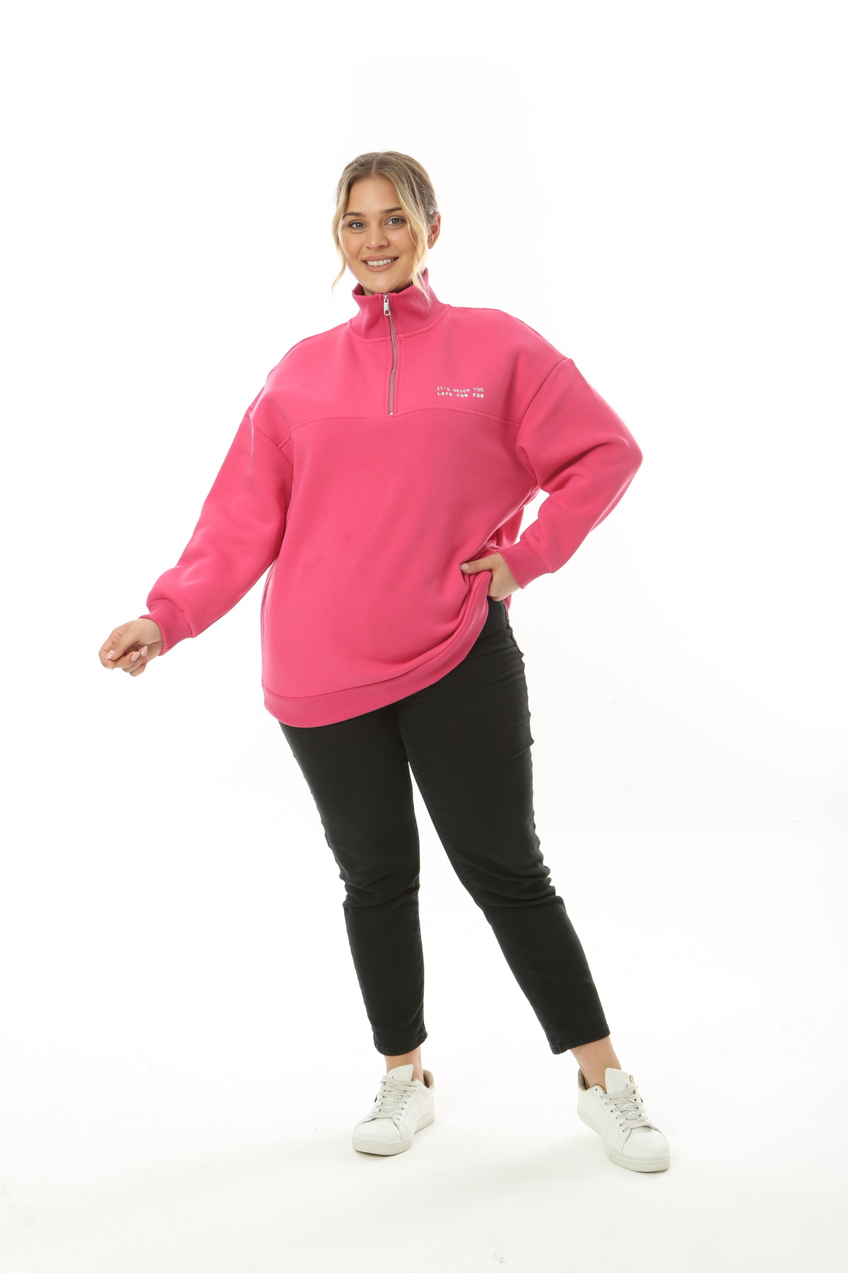 Avones-3 Thread Fleece Zippered High Collar Slogan Printed Sweatshirt Fuchsia 5