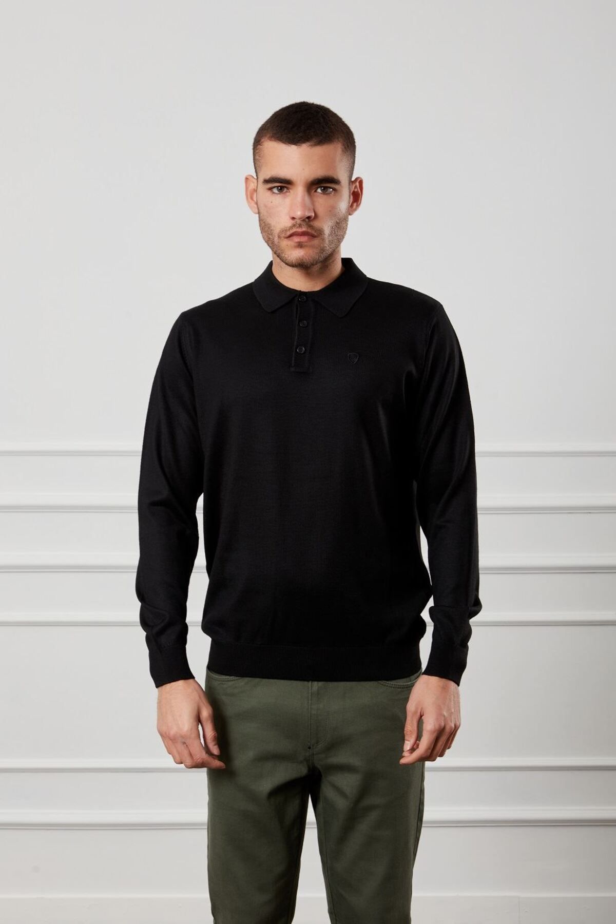 Diandor-Men's Polo Collar Wool Plain Knitwear Sweater Black 1
