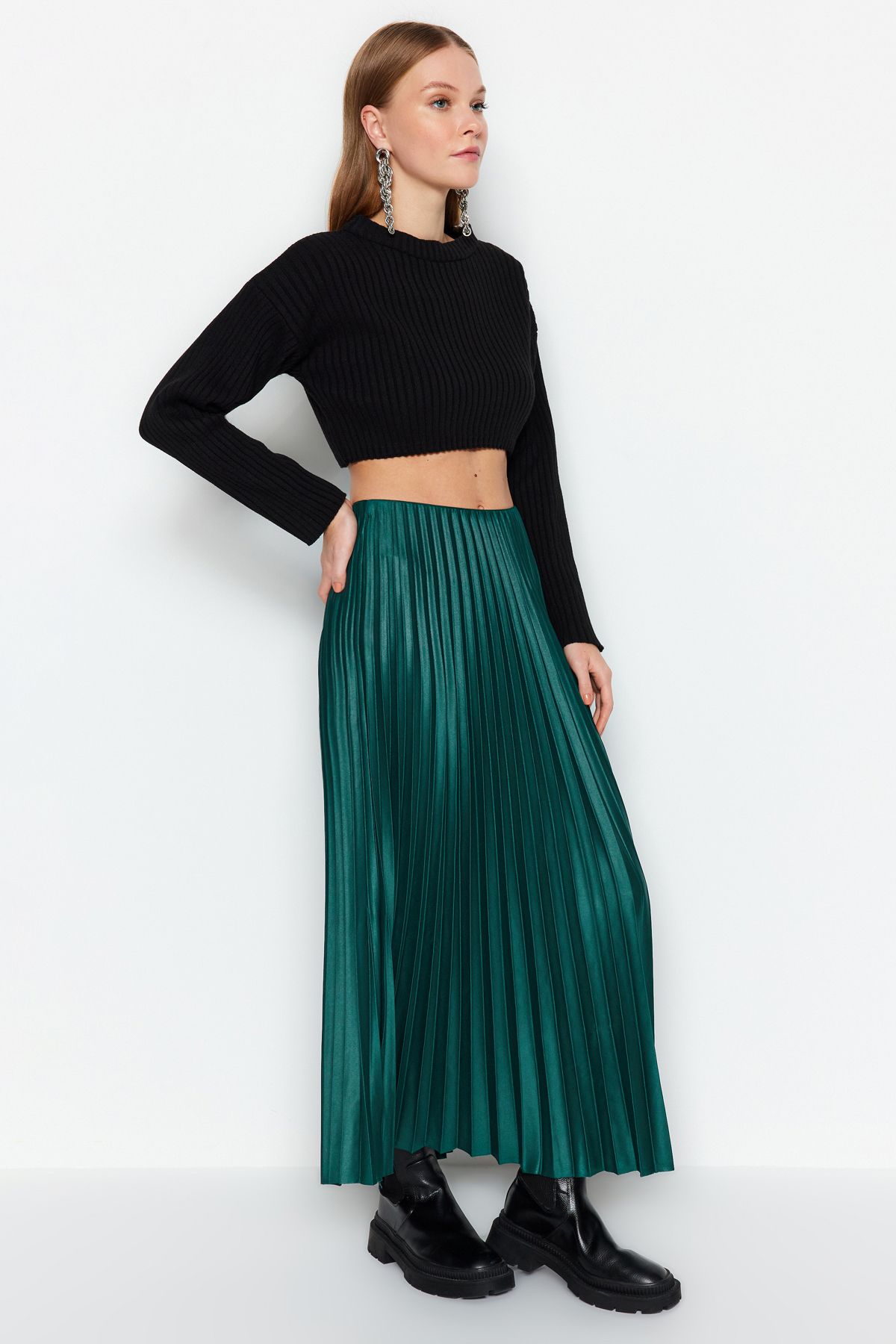 Emerald Green Pleated Midi Skirt High Waisted Winter Pleated