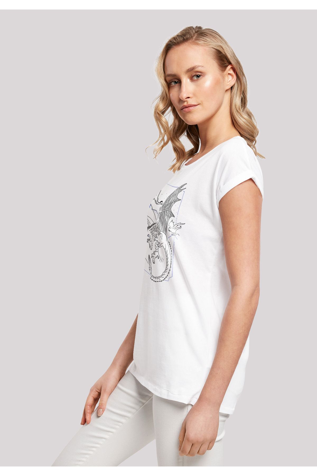 Trendyol Art-WHT Line verlängerter Damen-T-Shirt Harry mit Dragon F4NT4STIC mit Potter - Damen Schulter