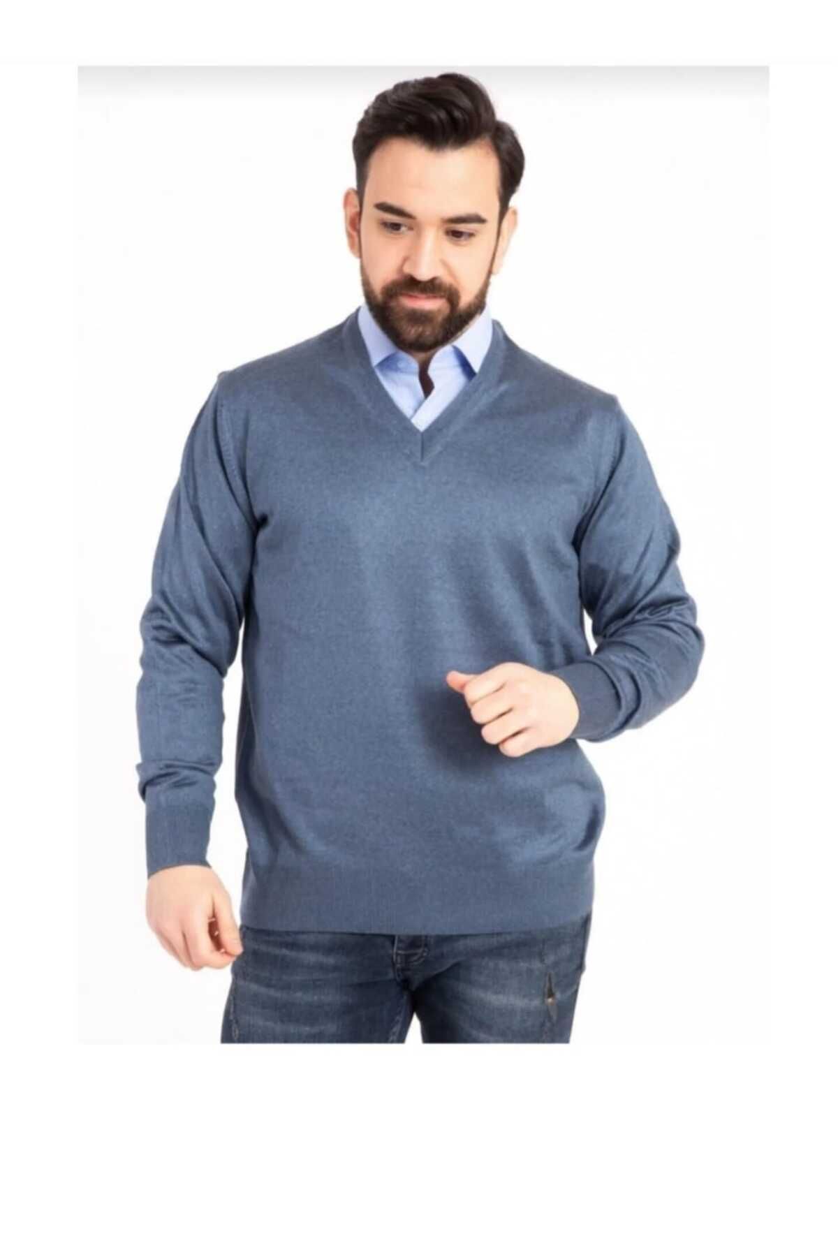 Erkek Ince Yün Triko Örgü Regular Baba V Yaka Kazak