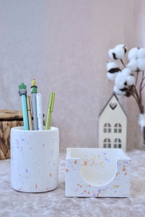 Bi' Dolu Dükkan Terrazzo İkili Ofis Seti | Yuvarlak Kalemlik ve Bloknotluk | ...