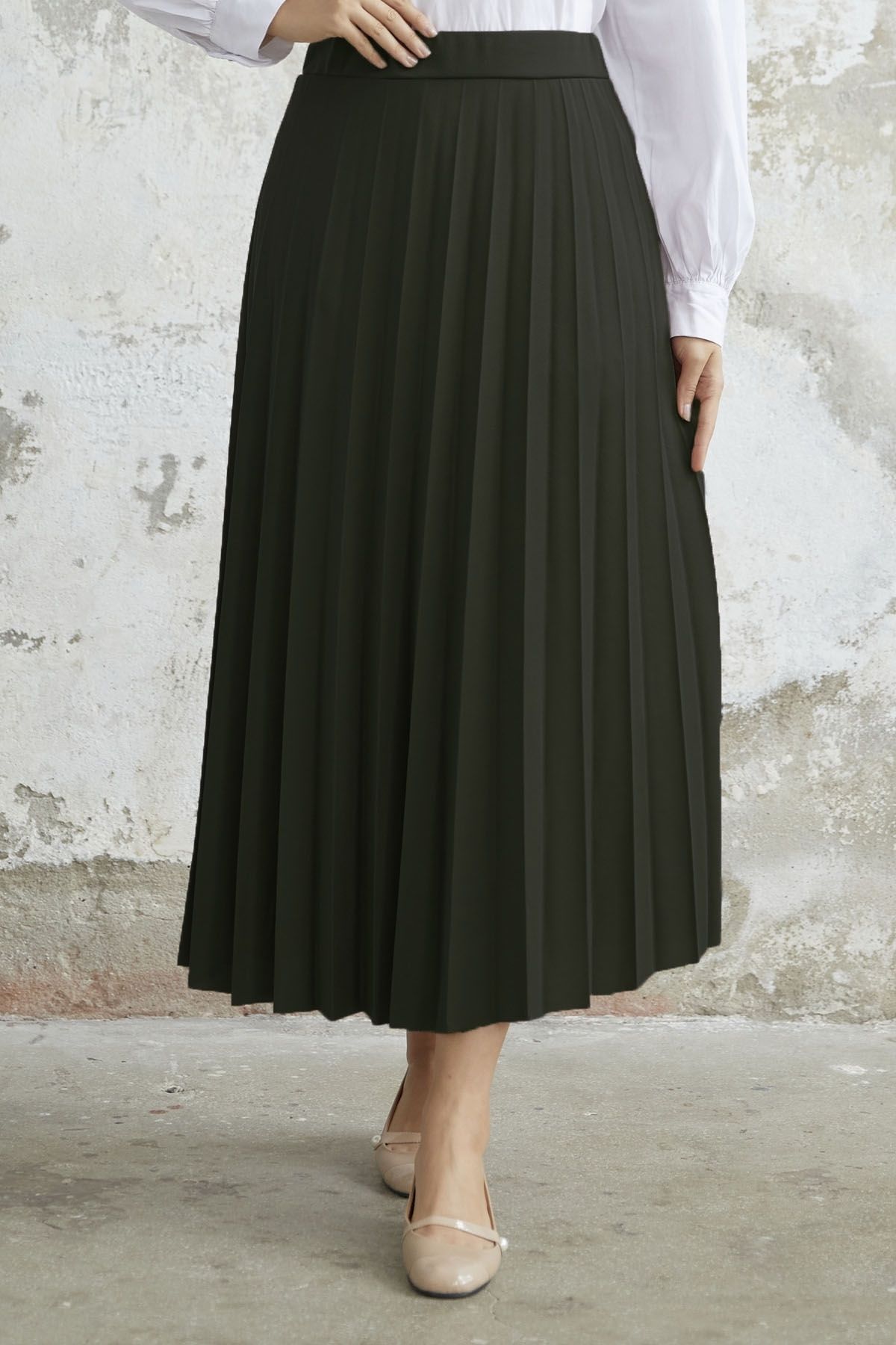 InStyle-Elastická skládaná sukně Luisa v pase - Khaki 4